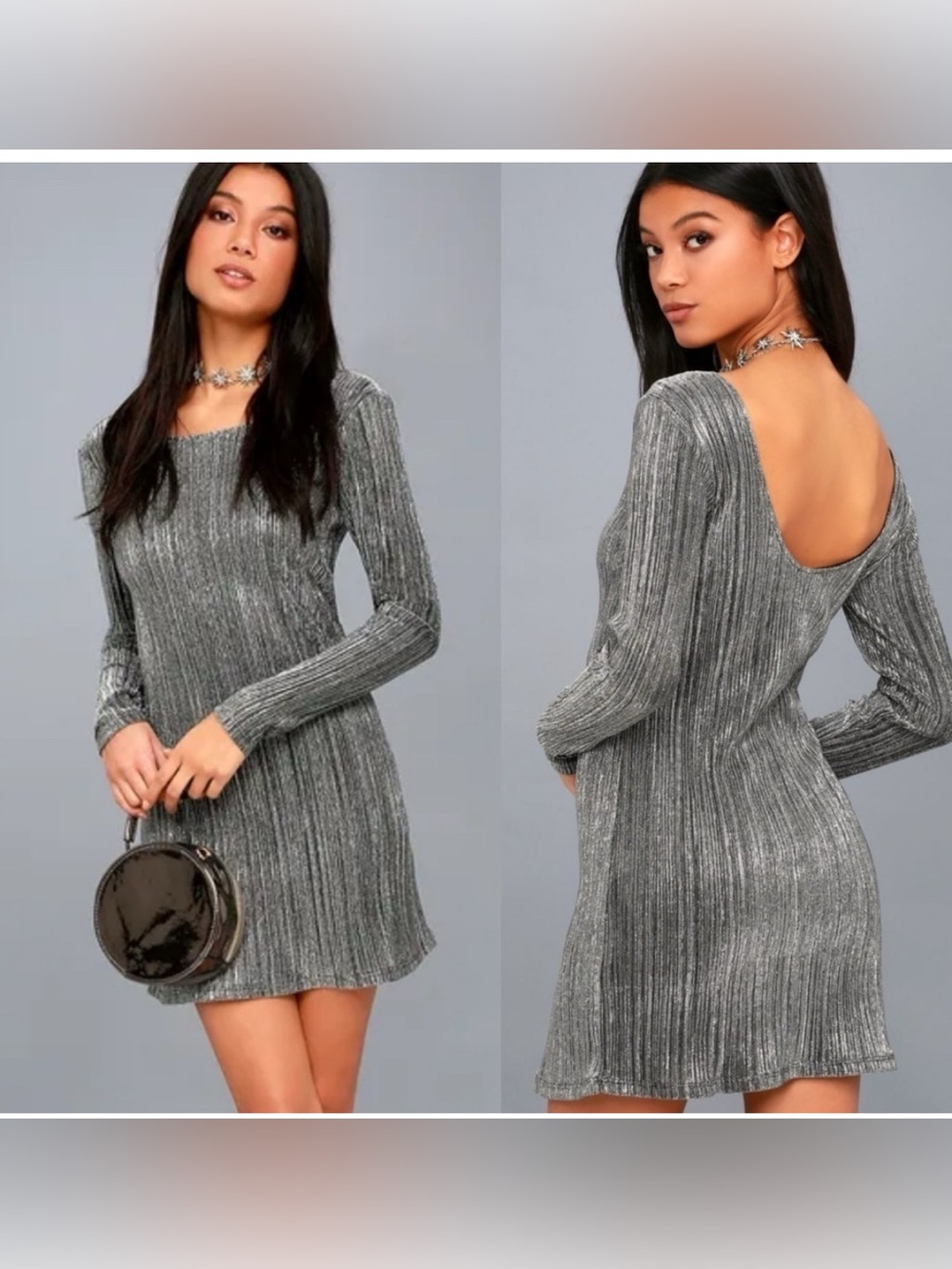 Amuse Society Shine Bright Ribbed Scoop Back Long-Sleeve Mini Dress Silver L